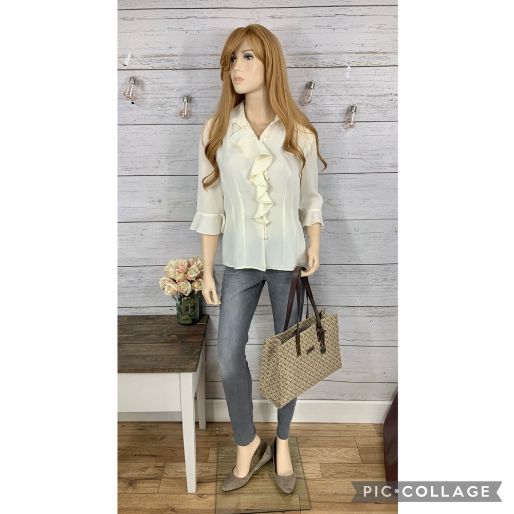 JUDITH HART Cream Ruffle Front Button-Down Blouse - Picture 2 of 11